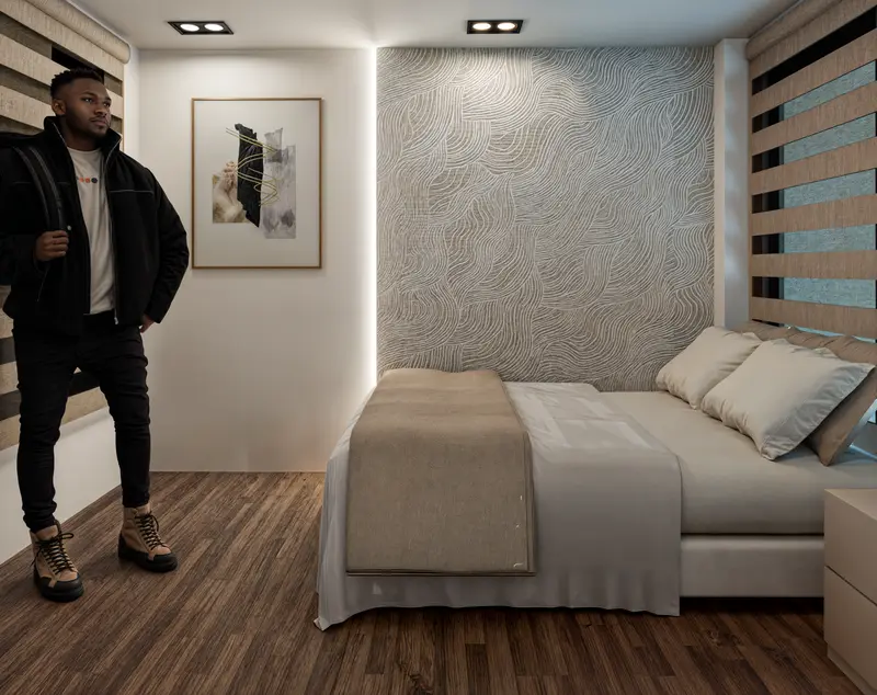 Render: habitación principal con muro texturizado. Casa en sibaté en Sibaté, Decord Design