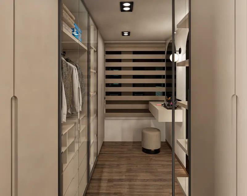 Render: vestier con closets y vitrinas iluminadas. Casa en sibaté en Sibaté, Decord Design