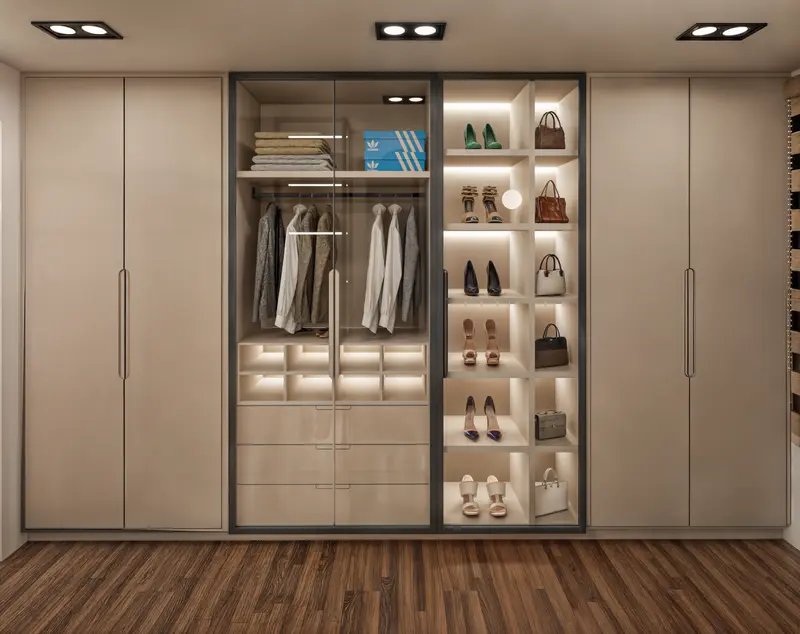 Render: vestier con closets y vitrinas iluminadas. Casa en sibaté en Sibaté, Decord Design