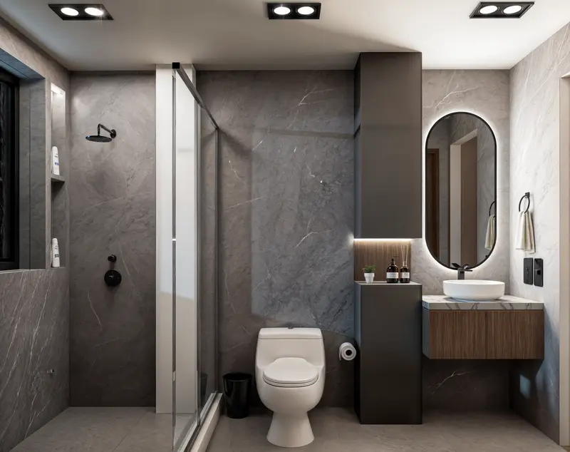 Render: baño con lavamanos flotante y tina. Casa en sibaté en Sibaté, Decord Design