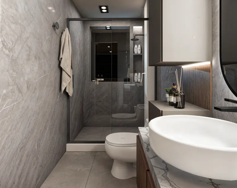 Render: baño con lavamanos flotante y tina. Casa en sibaté en Sibaté, Decord Design