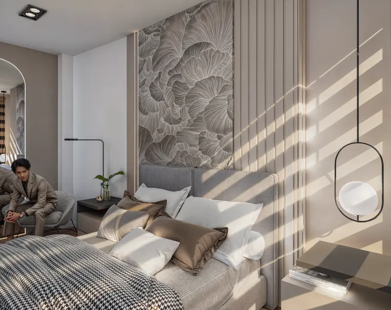 Render: habitación con papel de colgadura texturizado. Casa en sibaté en Sibaté, Decord Design
