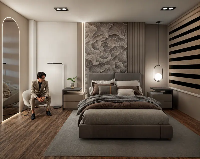 Render: habitación con papel de colgadura texturizado. Casa en sibaté en Sibaté, Decord Design