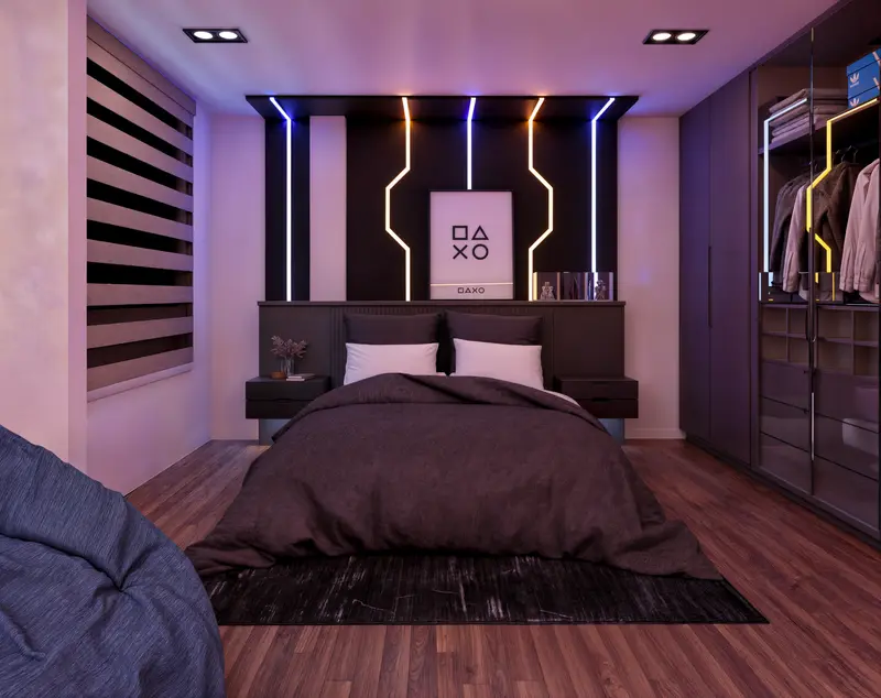 Render: habitación gamer con iluminación neón. Casa en sibaté en Sibaté, Decord Design