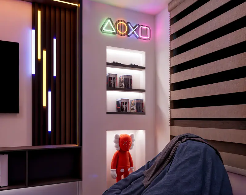 Render: habitación gamer con iluminación neón. Casa en sibaté en Sibaté, Decord Design