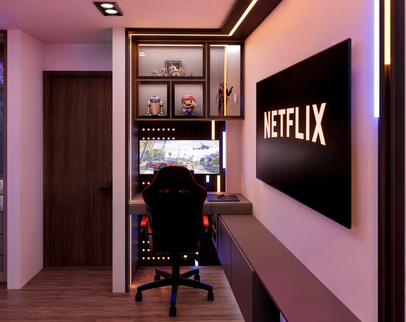 Render: habitación gamer con iluminación neón. Casa en sibaté en Sibaté, Decord Design