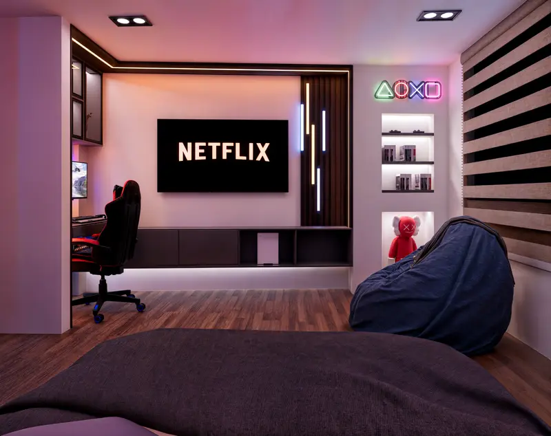 Render: habitación gamer con iluminación neón. Casa en sibaté en Sibaté, Decord Design