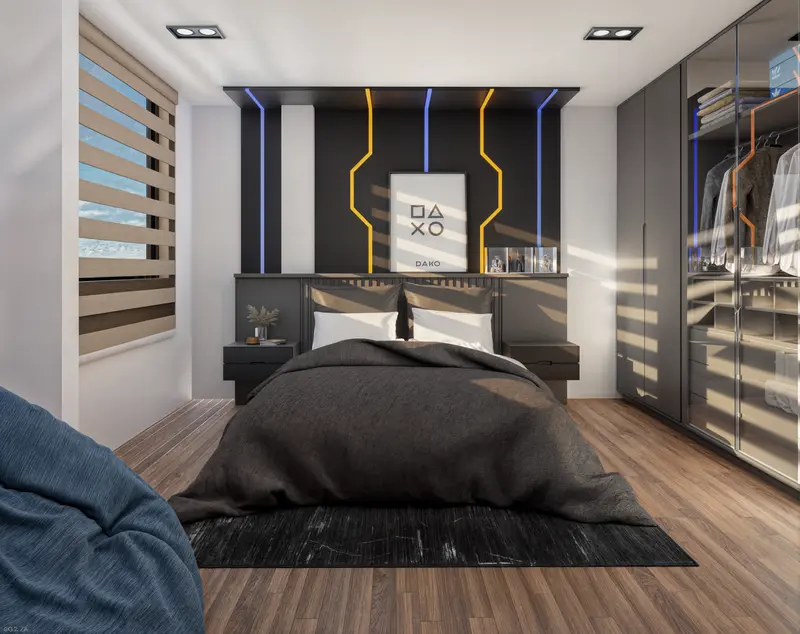 Render: habitación gamer con iluminación neón. Casa en sibaté en Sibaté, Decord Design