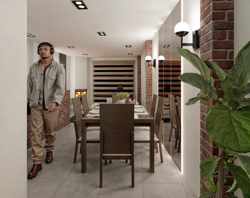 Render: comedor y circulación. Casa en sibaté en Sibaté, Decord Design