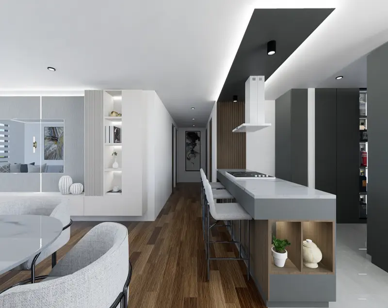 Render: cocina abierta con isla y comedor. Apartamento en chapinero en Bogotá, Decord Design