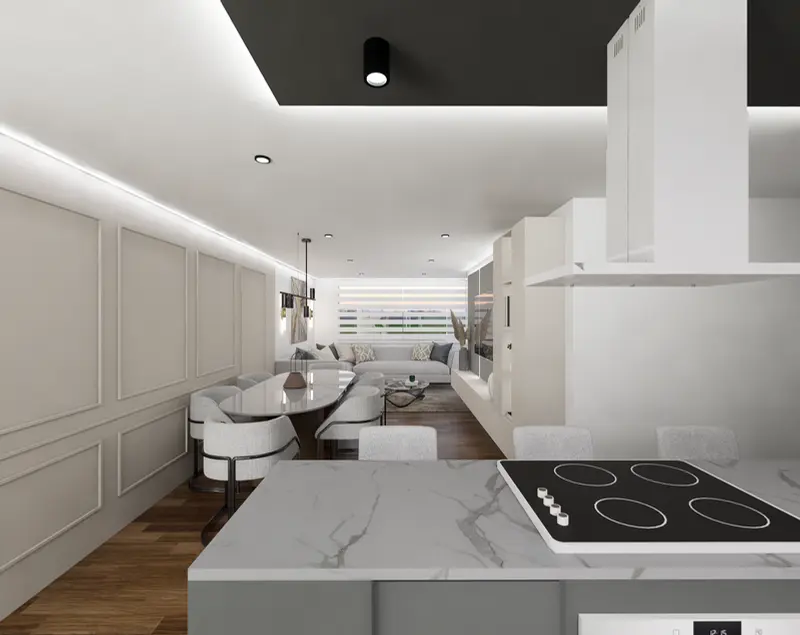 Render: cocina abierta con isla y comedor. Apartamento en chapinero en Bogotá, Decord Design