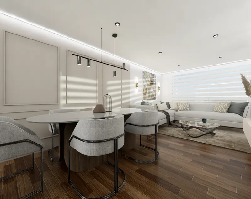 Render: cocina abierta con isla y comedor. Apartamento en chapinero en Bogotá, Decord Design