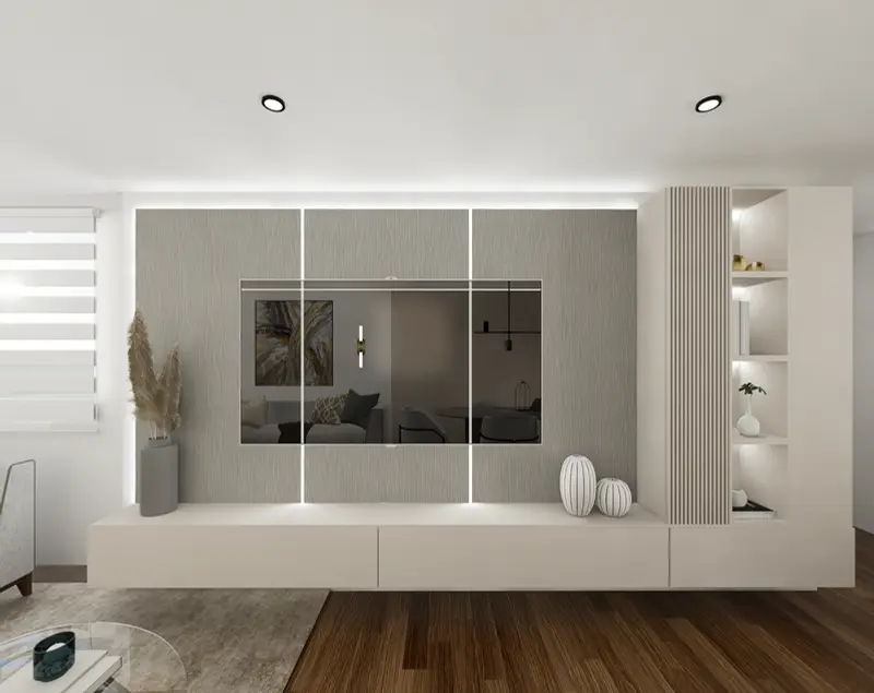 Render: sala con mueble de televisión. Apartamento en chapinero en Bogotá, Decord Design