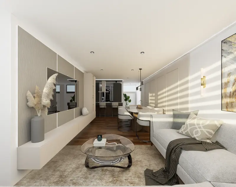 Render: sala con mueble de televisión. Apartamento en chapinero en Bogotá, Decord Design