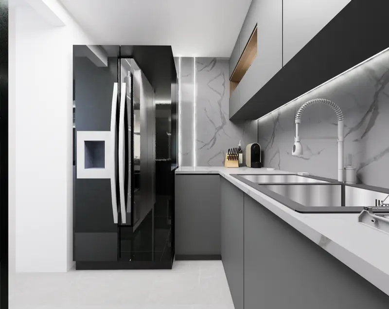 Render: cocina en tonos grises. Apartamento en chapinero en Bogotá, Decord Design