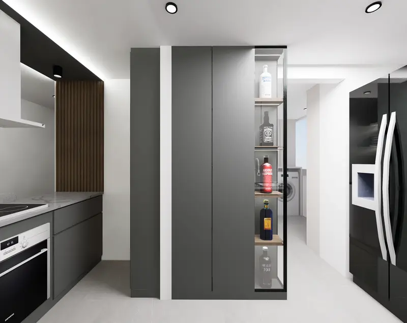 Render: cocina en tonos grises. Apartamento en chapinero en Bogotá, Decord Design