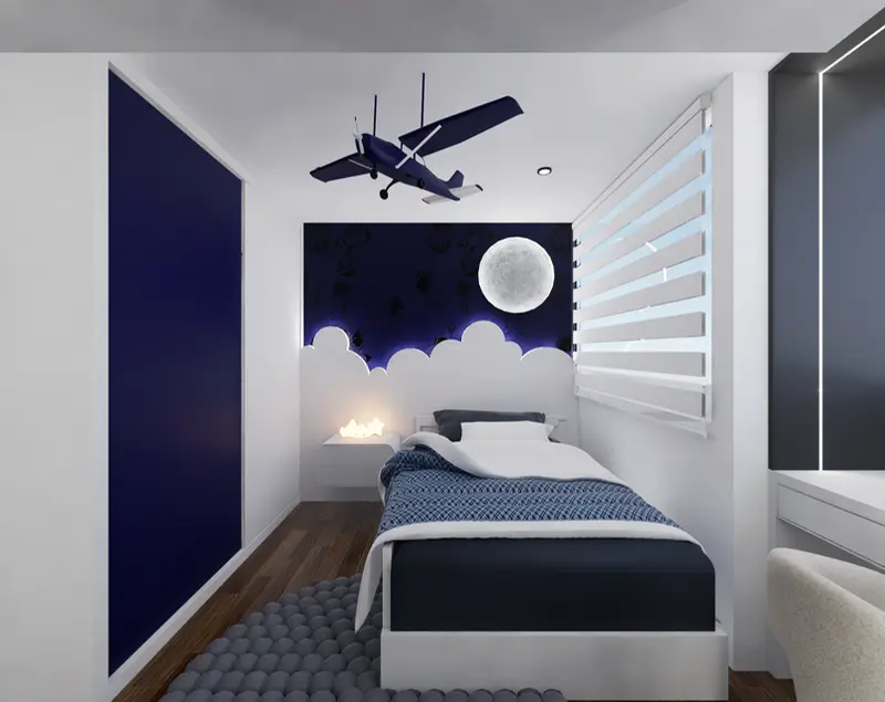 Render: habitación infantil temática de aviones. Apartamento en chapinero en Bogotá, Decord Design