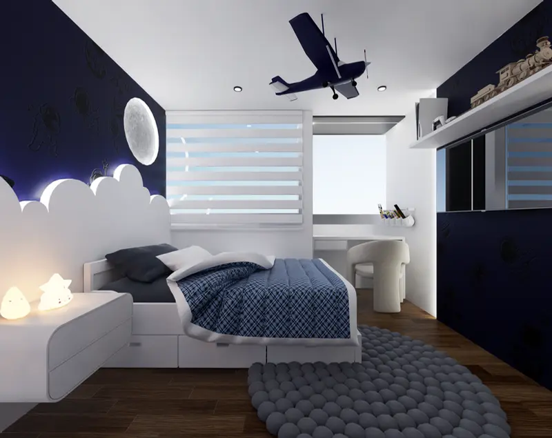 Render: habitación infantil temática de aviones. Apartamento en chapinero en Bogotá, Decord Design