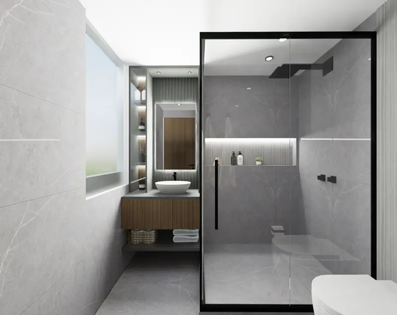 Render: baño con ducha en vidrio. Apartamento en chapinero en Bogotá, Decord Design