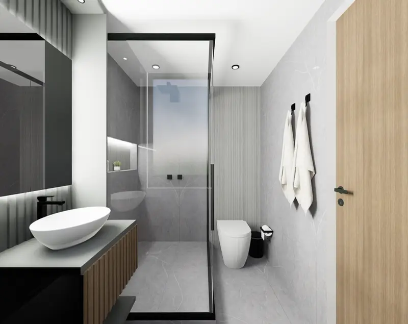 Render: baño con ducha en vidrio. Apartamento en chapinero en Bogotá, Decord Design