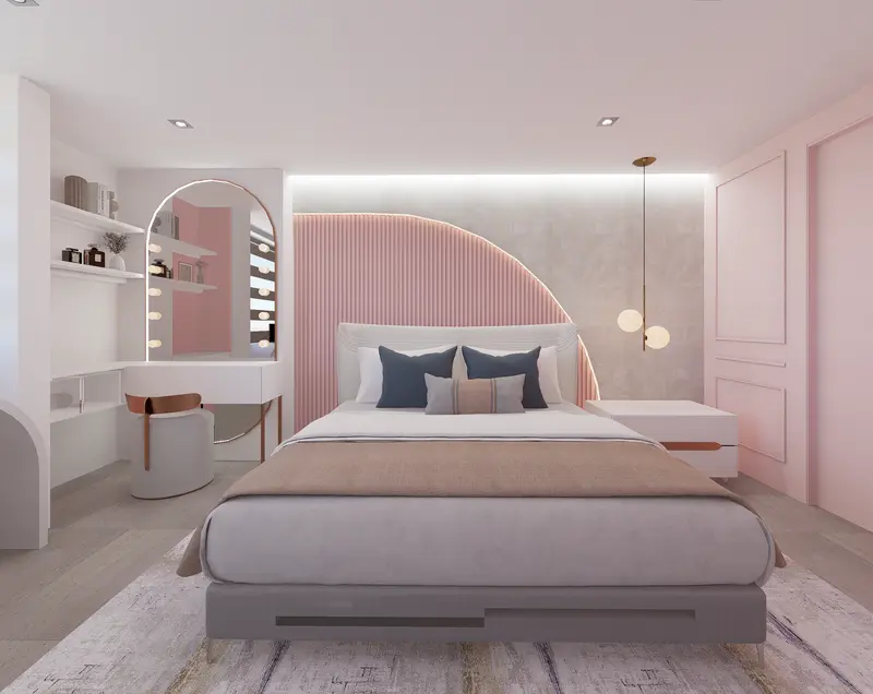 Render: habitación juvenil en tonos rosa con cabecero en arco. Habitación juvenil en Bogotá, Decord Design