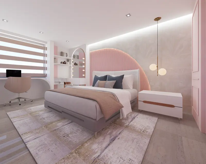 Render: habitación juvenil en tonos rosa con cabecero en arco. Habitación juvenil en Bogotá, Decord Design