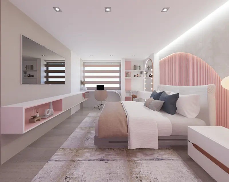 Render: habitación juvenil en tonos rosa con cabecero en arco. Habitación juvenil en Bogotá, Decord Design