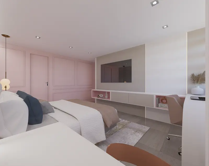 Render: habitación juvenil en tonos rosa con cabecero en arco. Habitación juvenil en Bogotá, Decord Design