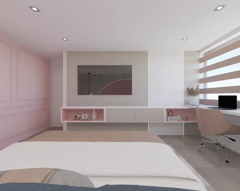 Render: habitación juvenil en tonos rosa con cabecero en arco. Habitación juvenil en Bogotá, Decord Design