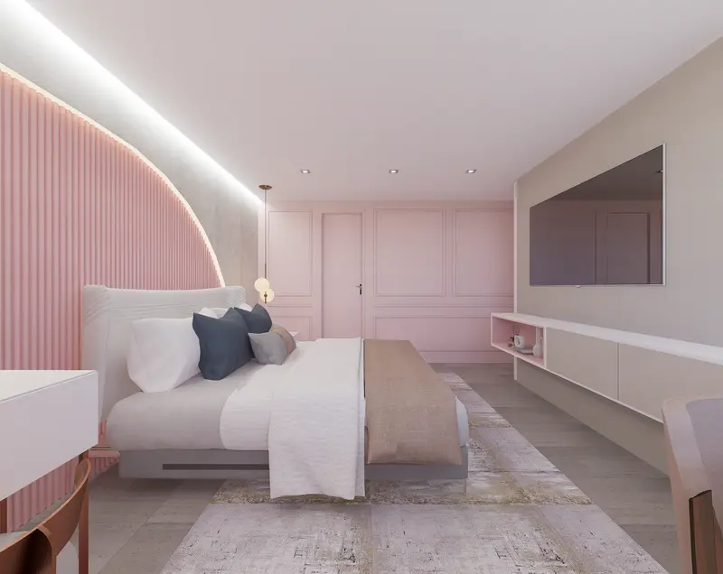 Render: habitación juvenil en tonos rosa con cabecero en arco. Habitación juvenil en Bogotá, Decord Design