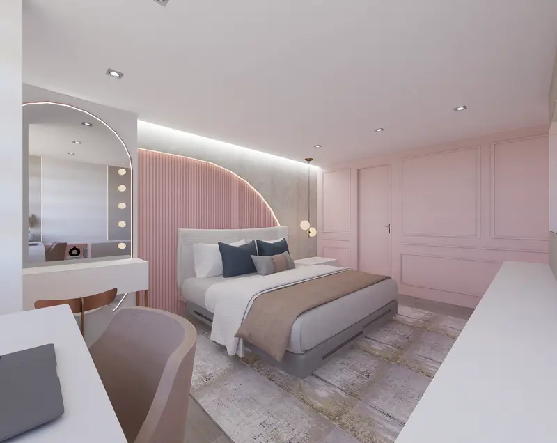 Render: habitación juvenil en tonos rosa con cabecero en arco. Habitación juvenil en Bogotá, Decord Design