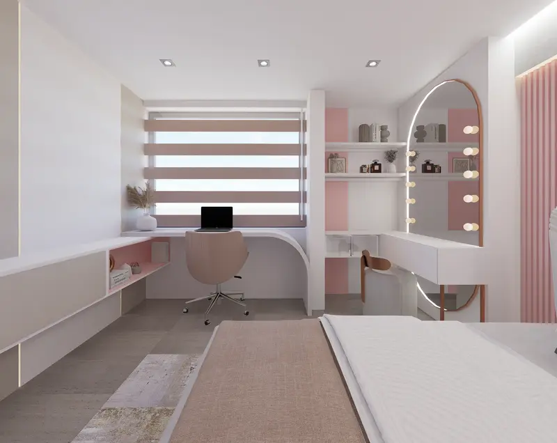 Render: habitación juvenil en tonos rosa con cabecero en arco. Habitación juvenil en Bogotá, Decord Design