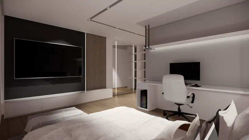 Render: habitación con zona de estudio. Habitación con estudio en Bogotá, Decord Design