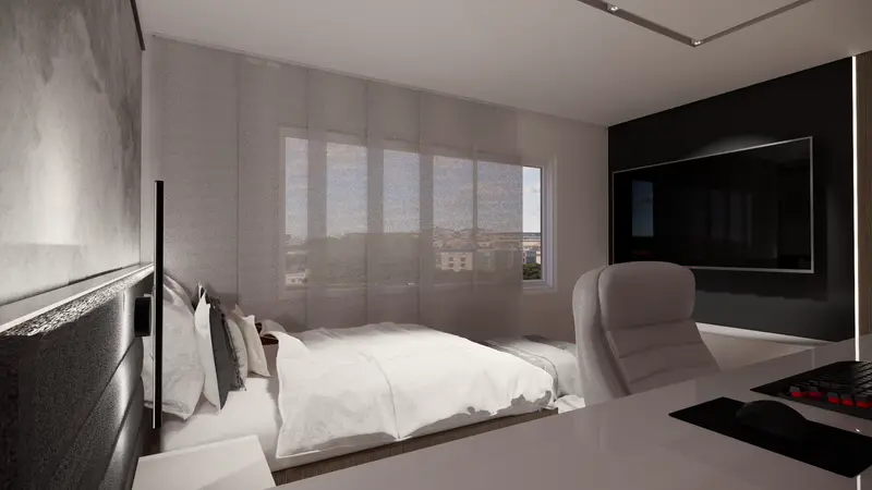 Render: habitación con zona de estudio. Habitación con estudio en Bogotá, Decord Design