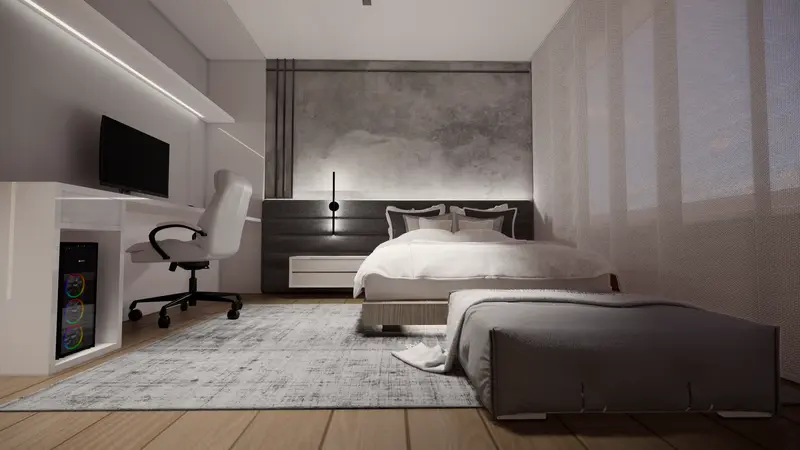 Render: habitación con zona de estudio. Habitación con estudio en Bogotá, Decord Design