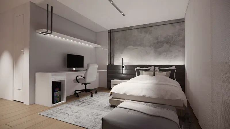 Render: habitación con zona de estudio. Habitación con estudio en Bogotá, Decord Design