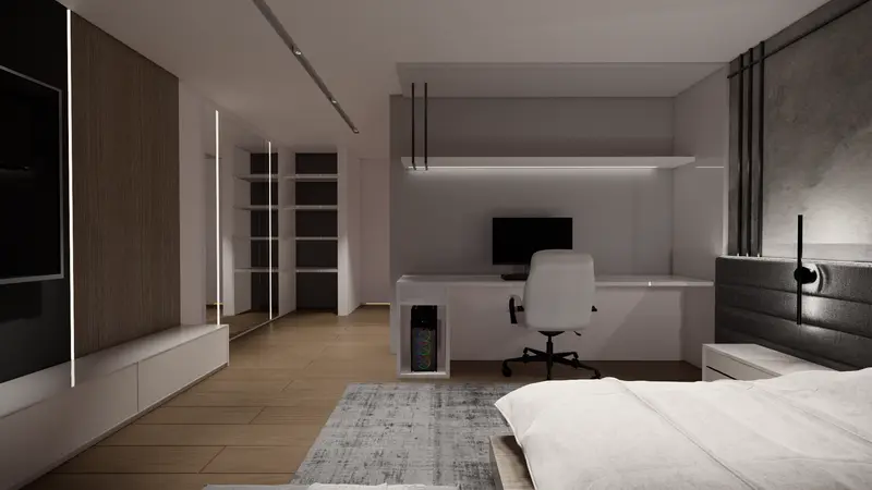 Render: habitación con zona de estudio. Habitación con estudio en Bogotá, Decord Design