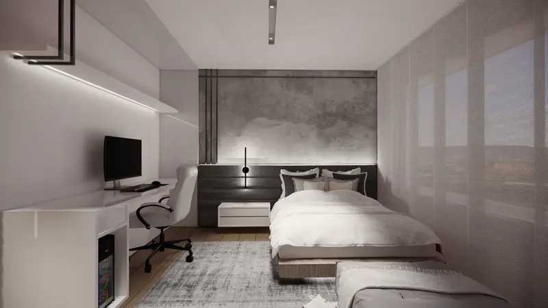 Render: habitación con zona de estudio. Habitación con estudio en Bogotá, Decord Design