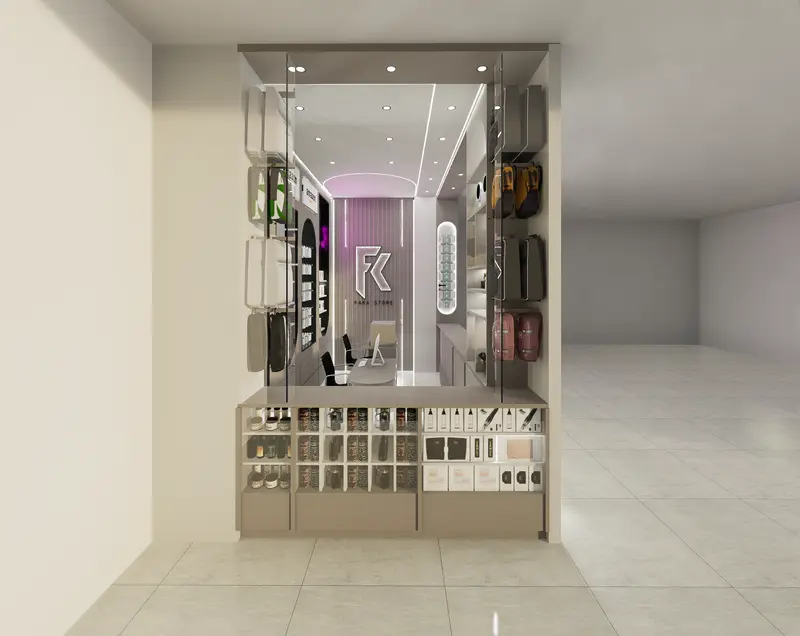 Render: local de belleza con vitrinas y exhibidores iluminados. Local de belleza en Bogotá, Decord Design