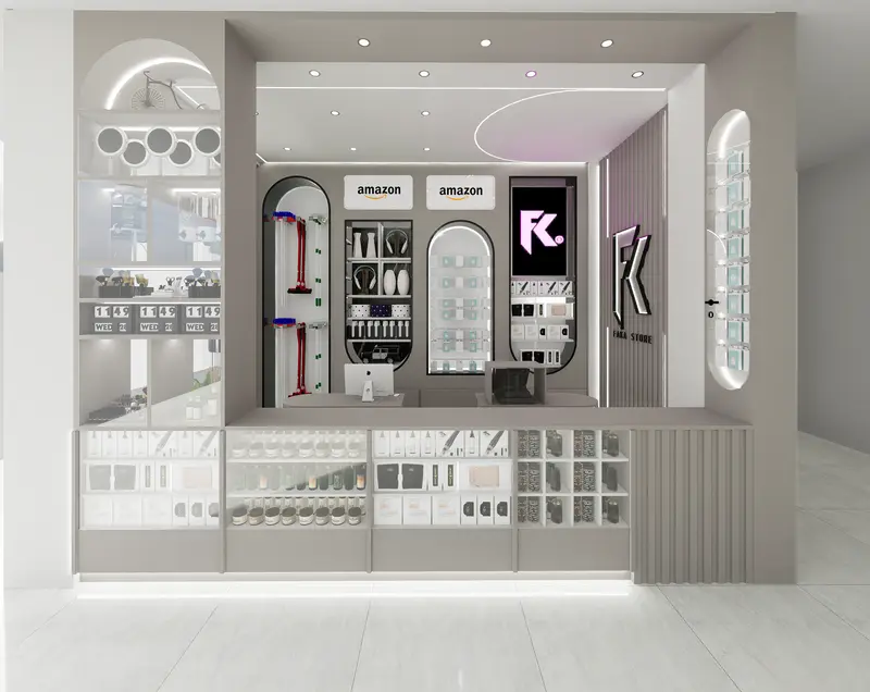 Render: local de belleza con vitrinas y exhibidores iluminados. Local de belleza en Bogotá, Decord Design