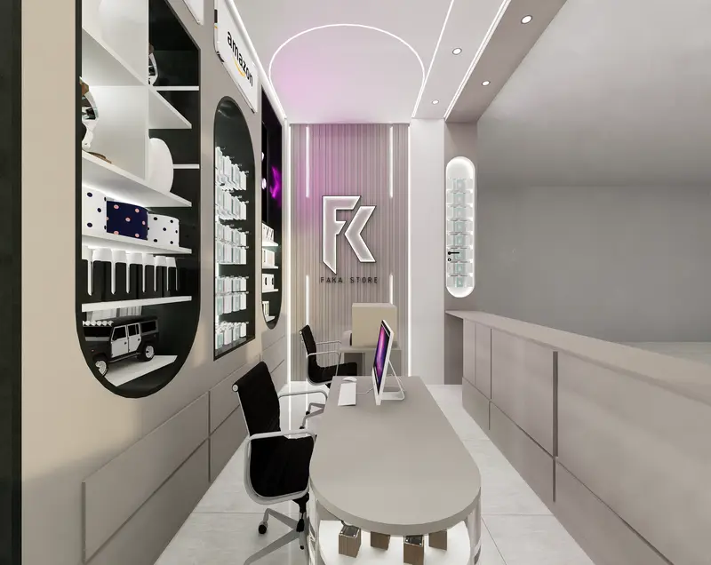 Render: local de belleza con vitrinas y exhibidores iluminados. Local de belleza en Bogotá, Decord Design