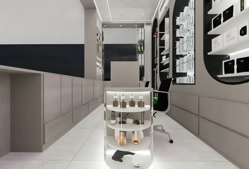 Render: local de belleza con vitrinas y exhibidores iluminados. Local de belleza en Bogotá, Decord Design