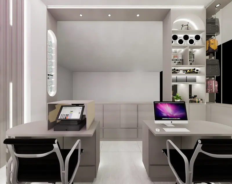 Render: local de belleza con vitrinas y exhibidores iluminados. Local de belleza en Bogotá, Decord Design