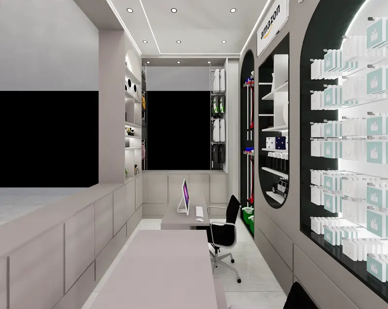 Render: local de belleza con vitrinas y exhibidores iluminados. Local de belleza en Bogotá, Decord Design