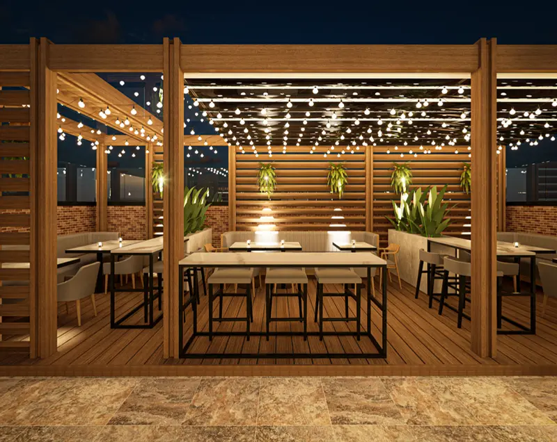 Render: terraza con pérgola y luces colgantes. Bar con terraza en Facatativá, Decord Design