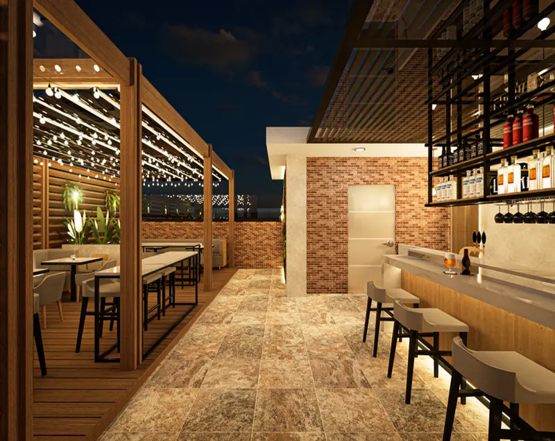 Render: terraza con pérgola y luces colgantes. Bar con terraza en Facatativá, Decord Design