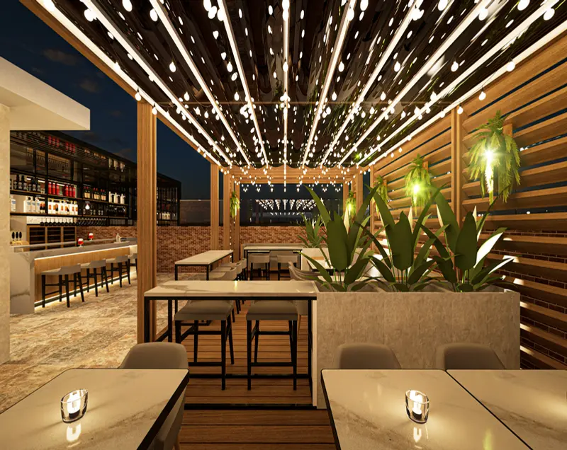 Render: terraza con pérgola y luces colgantes. Bar con terraza en Facatativá, Decord Design