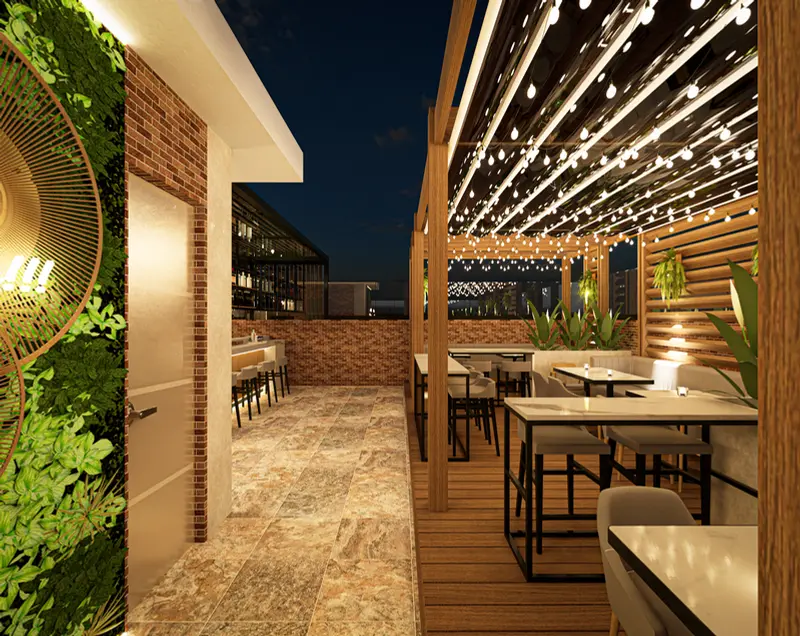 Render: terraza con pérgola y luces colgantes. Bar con terraza en Facatativá, Decord Design