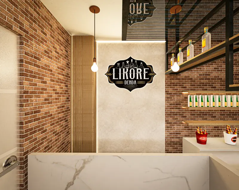 Render: barra del bar con muro en ladrillo. Bar con terraza en Facatativá, Decord Design