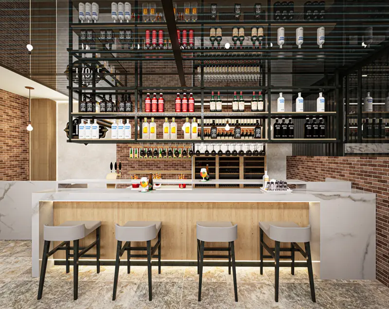 Render: barra del bar con muro en ladrillo. Bar con terraza en Facatativá, Decord Design